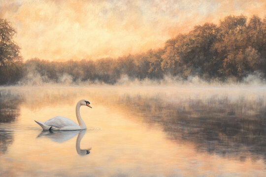 A serene swan gliding across a tranquil lake at dawn, elegance
