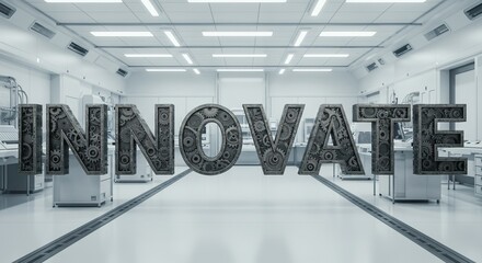Mechanical Innovation Concept: Text Made of Gears in High-Tech Laboratory Environment
