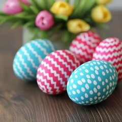 Fototapeta premium Easter Holiday, Easter Concept, Decorated Easter Eggs on Wooden Table with Spring Tulips