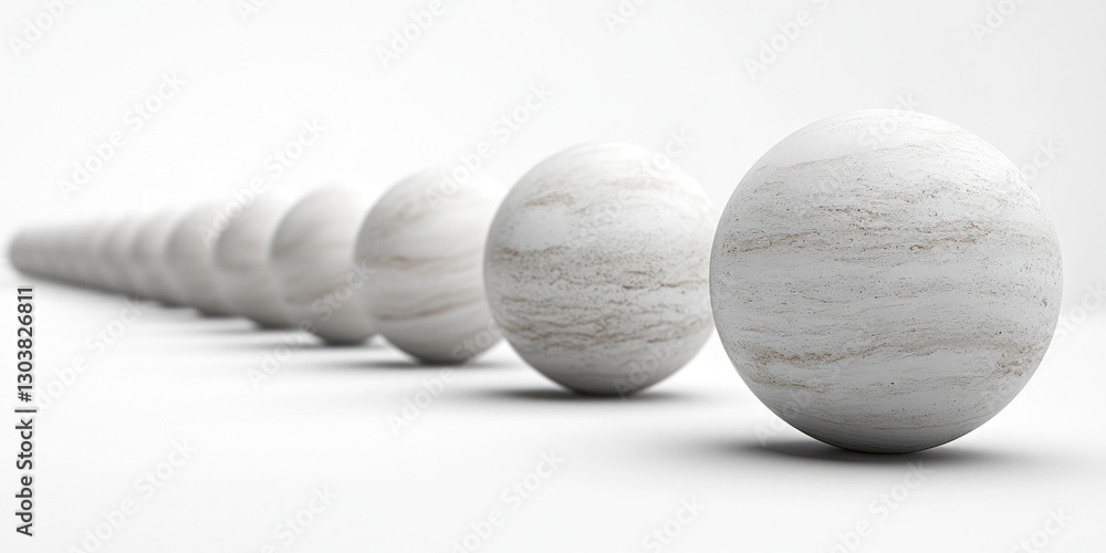 Poster a row of textured white spheres receding into the distance on a white surface. use for abstract back