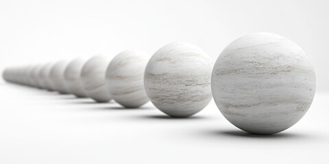 A row of textured white spheres receding into the distance on a white surface. Use for abstract backgrounds, conceptual visuals, or design elements.