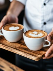 Barista holding latte art coffee in cafe, close up of hands and cup