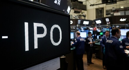 Initial public offering buzz displayed on electronic ticker within stock exchange