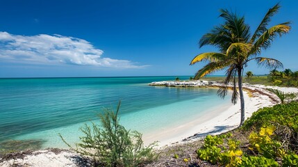 Fototapeta premium A tropical island vista with crystalline waters, white sandy beaches, and lush palm trees