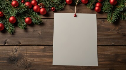 Obraz premium Greeting card christmas mockup with fir tree branches on dark wooden background