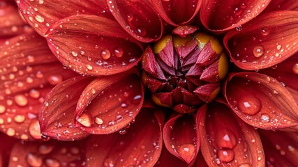Vibrant red flower close-up showcasing intricate petals and dewdrops after a morning rain shower - Powered by Adobe