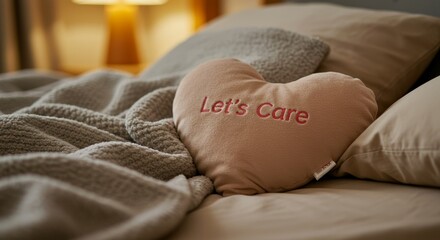 Heartfelt message on a cozy pillow in a serene bedroom setting promotes selfcare
