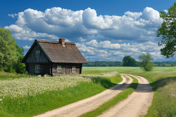 Obraz premium Traditional wooden house with a thatched roof in a rural setting
