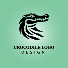 Fierce Crocodile Logo Design in Tribal Style, Modern Vector Art with Bold Black Lines on Green Background for Branding and Mascot Identity

