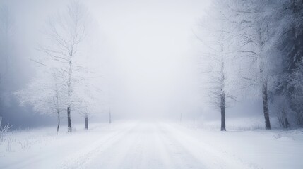 Fototapeta premium Winter Wonderland: Enchanting Foggy Road Through a Frosty Forest