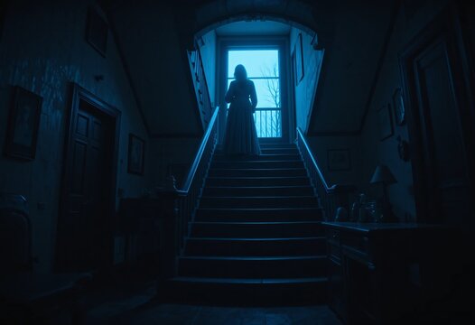 Grand Staircase At Dusk. A Solitary Woman, Draped In A Flowing Dress, Stands Poised In Ethereal Light, Gazing Out A Tall Window. Shadows Enhance The Antique Interior Details. A Moment Of