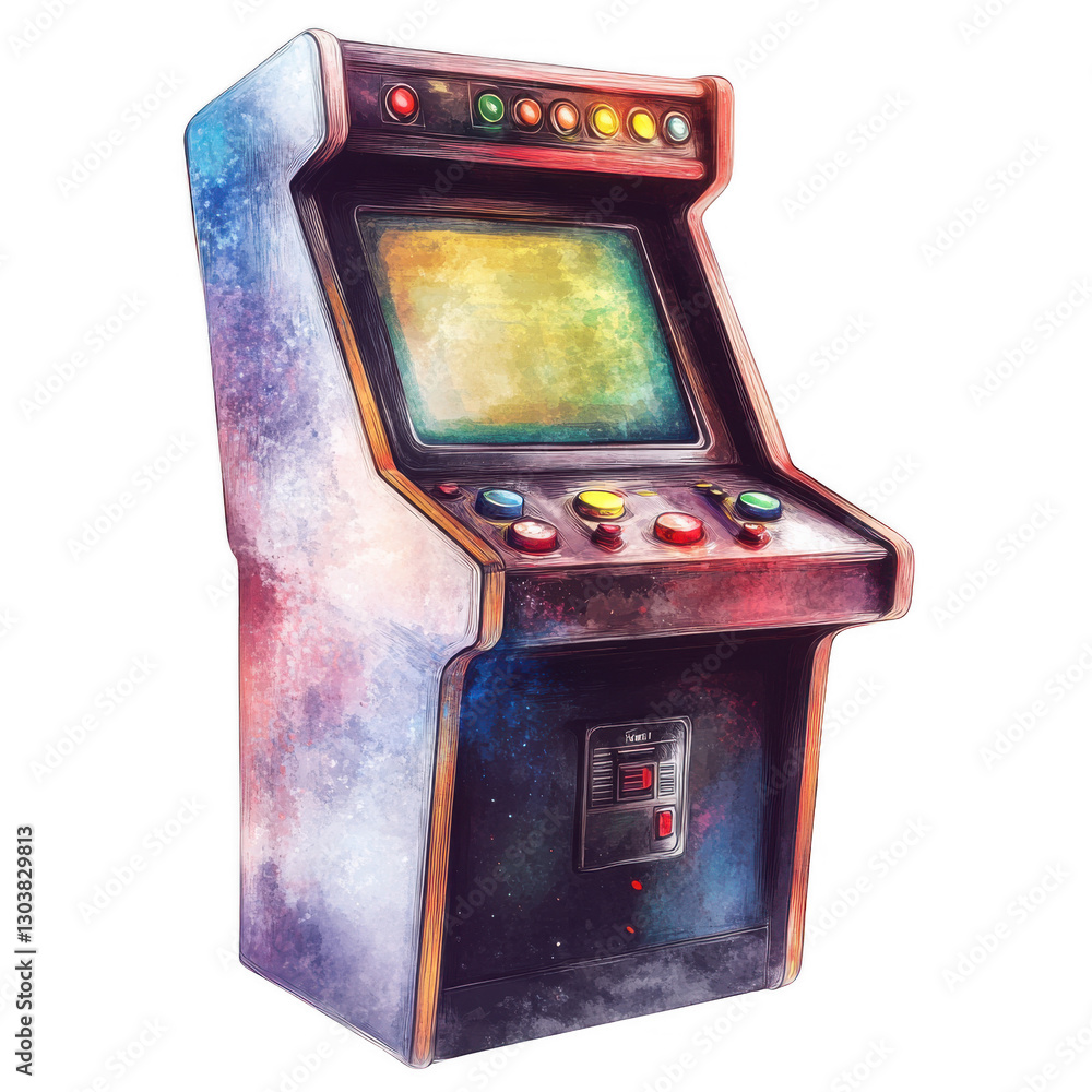 Poster a colorful arcade game machine featuring buttons and a screen, reminiscent of retro gaming styles.