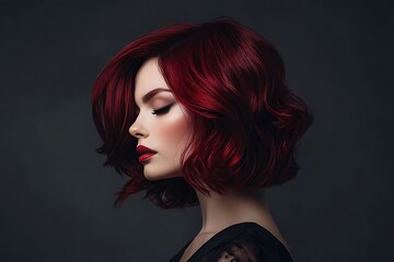 Fototapeta premium Fashion model with burgundy, wavy bob hairstyle against dark gray background in professional studio portrait. Ideal for beauty industry ad with burgundy and black color palette..