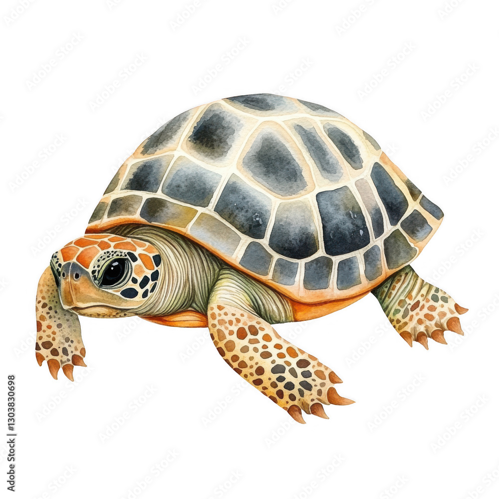 Poster a realistic illustration of a turtle featuring intricate patterns and colors on its shell and skin.