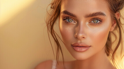 Naklejka premium A Beauty Influencer with Glamorous Makeup, Looking Directly at the Camera