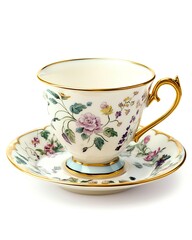 A delicate porcelain teacup with hand-painted floral patterns and a gold-rimmed edge on a matching saucer