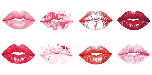 Set of various pink and red lipstick kiss prints isolated on white, symbolizing Valentine's love.