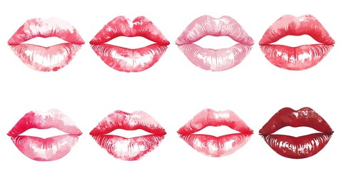 Obraz premium Set of various pink and red lipstick kiss prints isolated on white, symbolizing Valentine's love.