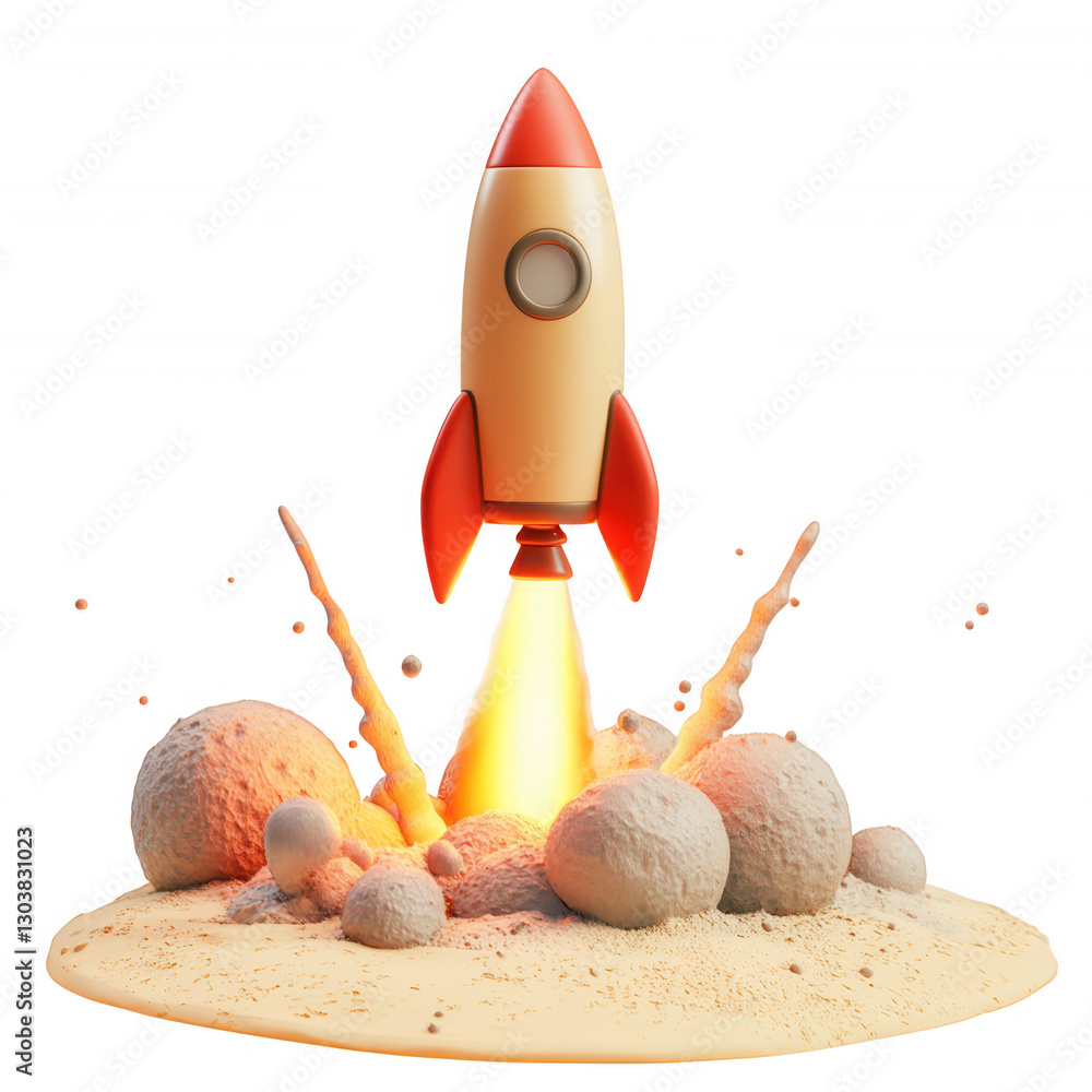 Poster a colorful rocket launching from a sandy surface surrounded by small spherical objects and flames.