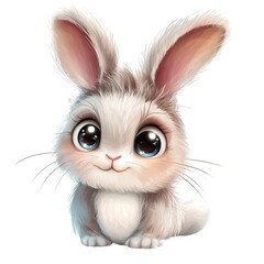 A cute, fluffy rabbit with large eyes and prominent ears sits adorably in a stylized manner.