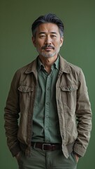 Fototapeta premium Asian middle aged guy plain green background in casual stylish fashion whole body portrait