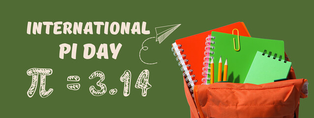 Pi day, school bag on green background, side view.