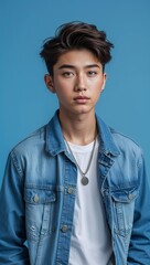 Fototapeta premium Asian teen guy plain blue background in casual stylish fashion whole body portrait