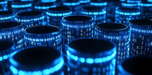 3D render of glowing blue cylinders on a black background, with data points and binary code. Industrial, futuristic vibe with illuminated tubes and spotlight effect..