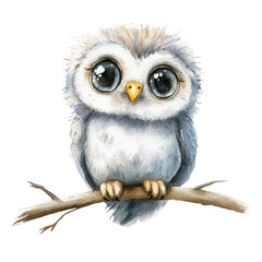 Fototapeta premium A cute, fluffy owl with large eyes perched on a branch, showcasing a charming and whimsical appearance.