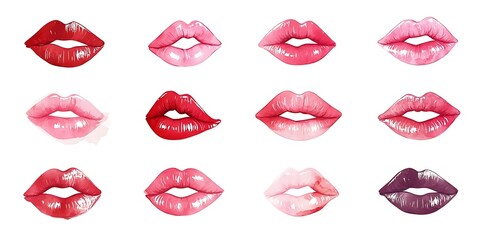 Naklejka premium Set of various pink and red lipstick kiss prints isolated on white, symbolizing Valentine's love.