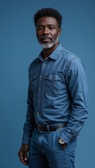 Obraz premium black African middle aged guy plain blue background in casual stylish fashion whole body portrait