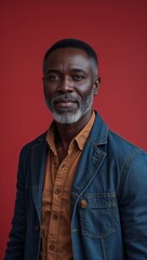 Fototapeta premium black African middle aged guy plain red background in casual stylish fashion whole body portrait
