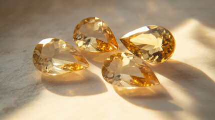 A set of pear-cut golden topaz gemstones, placed in an artistic arrangement on a plain, matte surface