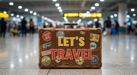 Vintage suitcase with travel stickers in airport terminal conveys wanderlust