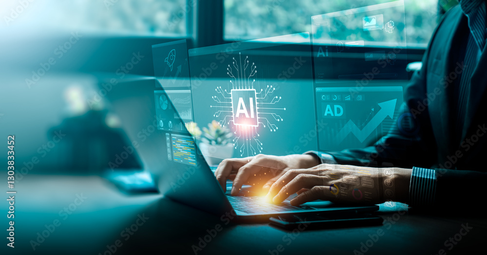 Poster businessman working on ai technology development, using a laptop with futuristic interface displayin