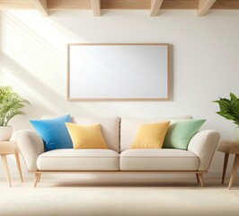 Cozy Modern Living Room Interior with Bright Cushions and Plants