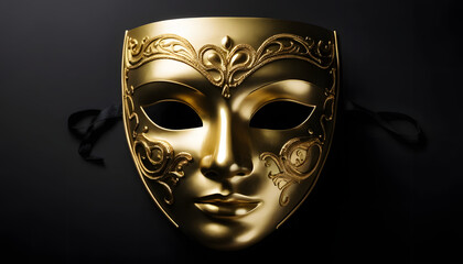 Elegant golden carnival mask with intricate designs displayed against a black background