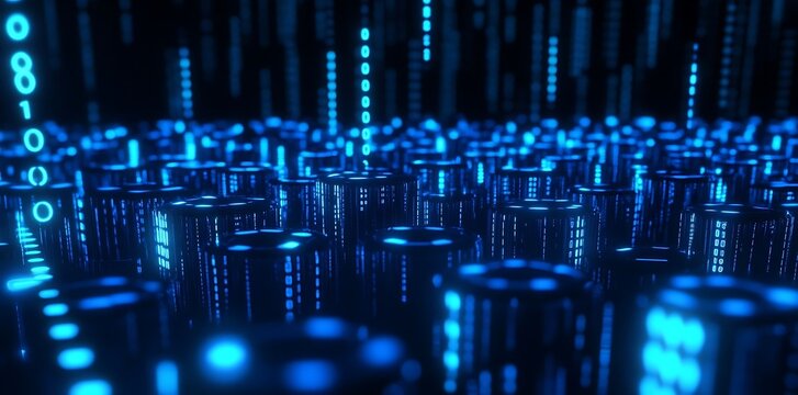 3D render of glowing blue cylinders on a black background, with data points and binary code. Industrial, futuristic vibe with illuminated tubes and spotlight effect..