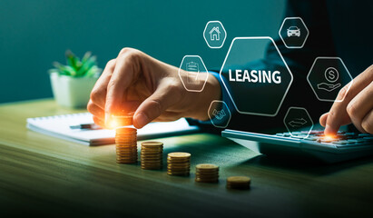 Business professional analyzing leasing options with futuristic icons representing contracts,...