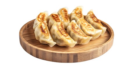 Gyoza dumplings on a wooden plate, isolated on a white background, showcasing their crisp edges and filling.