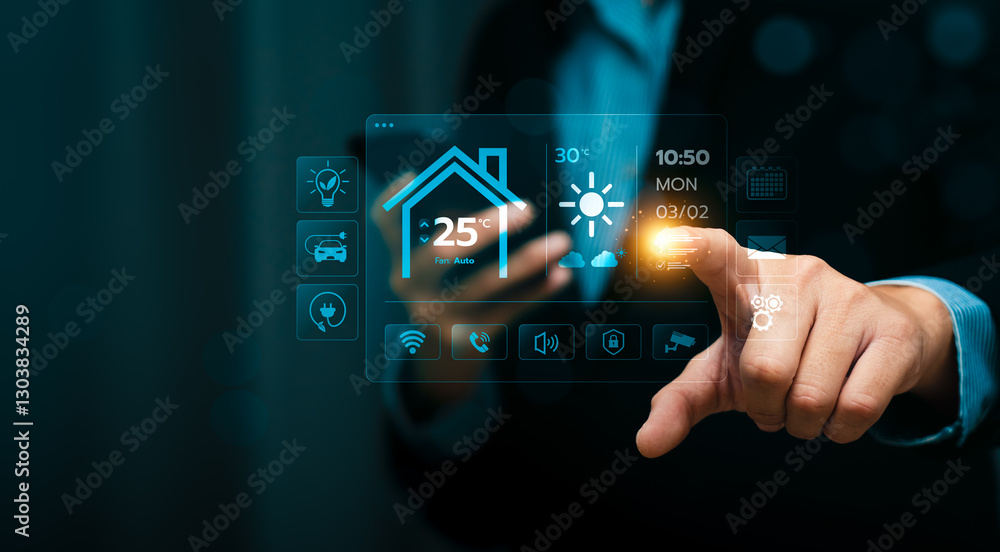 Poster businessman using smart home interface on transparent screen to control temperature, lighting, and s