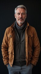 Fototapeta premium Caucasian middle aged guy plain black background in casual stylish fashion whole body portrait