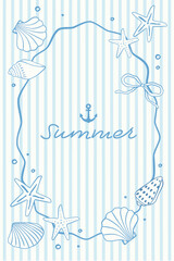 Background frame border illustration decorated with seashells, Vector design template for card, invitation, poster.