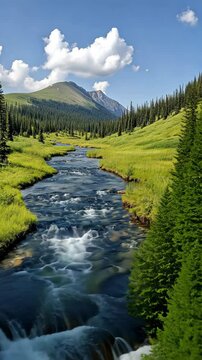 Serene Mountain River Flowing Through Wild Landscape Under Clear Blue Sky With Lush Greenery And Towering Pine Trees In Ar 916 Style
