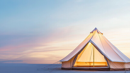 Luxurious glamping tent illuminated at sunset in serene outdoor setting