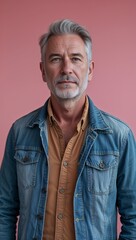 Obraz premium Caucasian middle aged guy plain pink background in casual stylish fashion whole body portrait