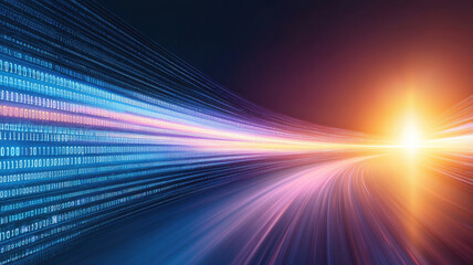 Abstract digital binary code and light trails in motion, symbolizing speed and data flow