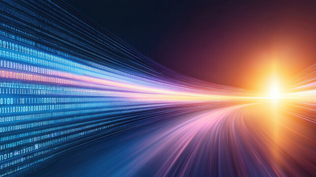 Abstract digital binary code and light trails in motion, symbolizing speed and data flow