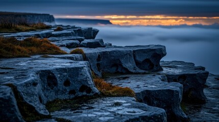 Obraz premium Dramatic Coastal Cliffs Sunrise Mist Rugged Rocks Ocean View