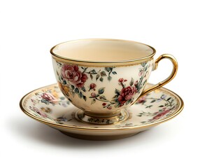 A delicate porcelain teacup with hand-painted floral patterns and a gold-rimmed edge on a matching saucer